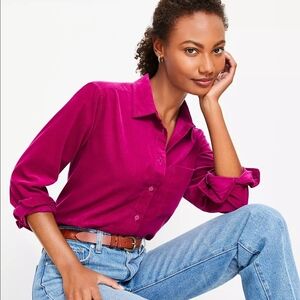 LOFT Magenta Pink Purple Corduroy Button Up Collared Pocket Shirt Shacket SP